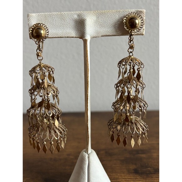 Vintage Silver SIAM Filigree Fringe Chandelier Dangle Screw Back Earrings Long - Picture 1 of 13